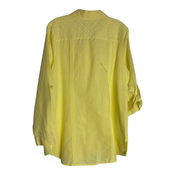 SOFT SURROUNDINGS Button-Up Iris Linen Blend Shirt in Surf Spray Yellow Size M - Picture 2 of 6